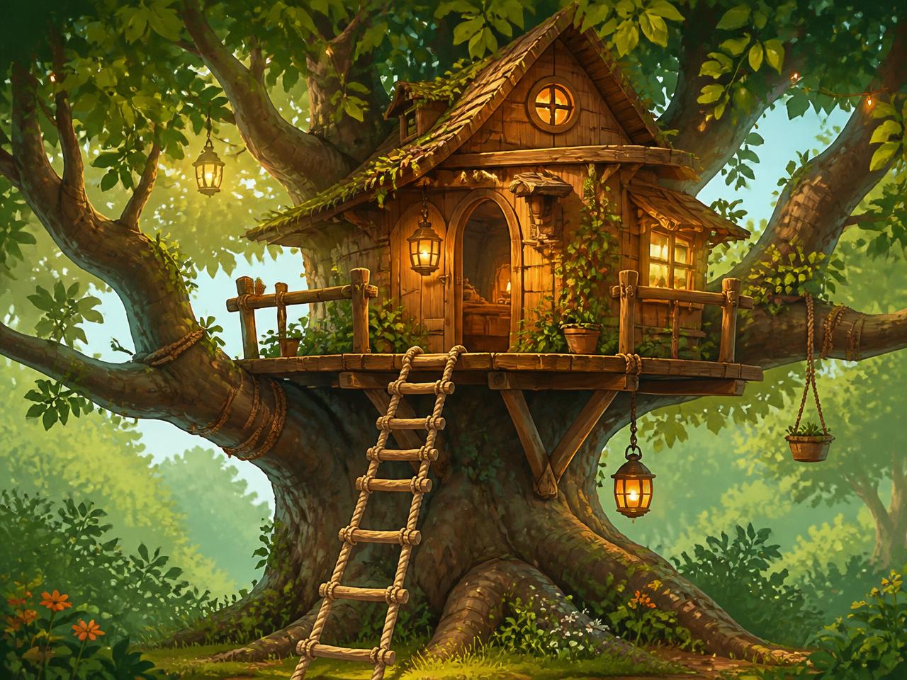 A boy, a treehouse, a flower